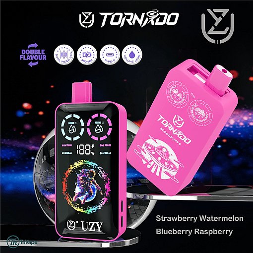 Promotional image for the UZY Tornado vape device in bright pink featuring a digital display, colorful astronaut artwork, dual flavor options (Strawberry Watermelon and Blueberry Raspberry), and product features like double flavour, 850mAh battery, Type-C charging, and volume indicator.