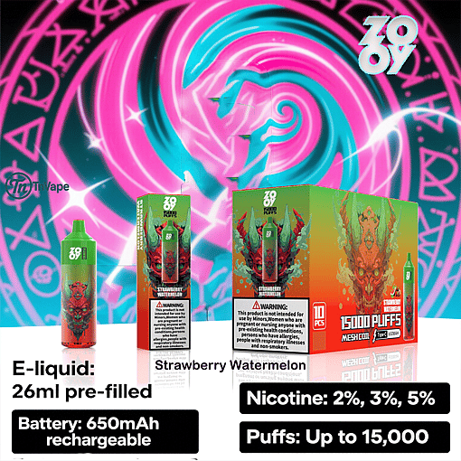 Promotional image for Zovoo disposable vape in strawberry watermelon flavor, showing the vape device, its packaging, and a vibrant fantasy-themed background with product specifications such as 26ml e-liquid, 650mAh rechargeable battery, nicotine strengths, and up to 15,000 puffs.