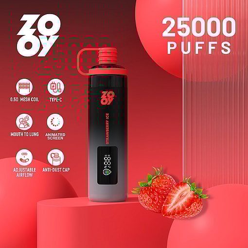 Promotional image for Zooy Strawberry Ice vape, featuring the device with a red lid, digital display, and strawberry graphics, highlighting features like 25,000 puffs, mesh coil, Type-C charging, mouth to lung draw, animated screen, adjustable airflow, and anti-dust cap.