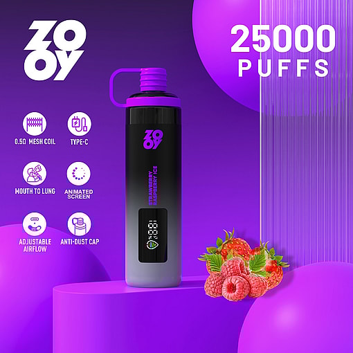 Promotional image for a ZOOY vape device in strawberry raspberry ice flavor, highlighting features like 25,000 puffs, mesh coil, type-C charging, mouth to lung design, animated screen, adjustable airflow, and anti-dust cap, with strawberries and raspberries pictured at the bottom right.