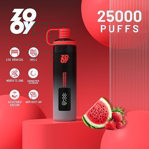 Electronic vape device labeled 'ZOOY Strawberry Watermelon' with 25,000 puffs, surrounded by icons representing features such as mesh coil, Type-C charging, mouth to lung, animated screen, adjustable airflow, anti-dust cap, and images of watermelon and strawberries.