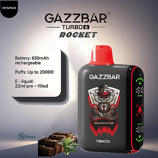 Gazzbar Turbo Rocket disposable vape device with a red mouthpiece, black body featuring an illustration of a man in a suit with playing cards and skulls, tobacco leaves and mint in the foreground, and product specifications listing 650mAh battery, up to 20,000 puffs, and 22ml pre-filled e-liquid.