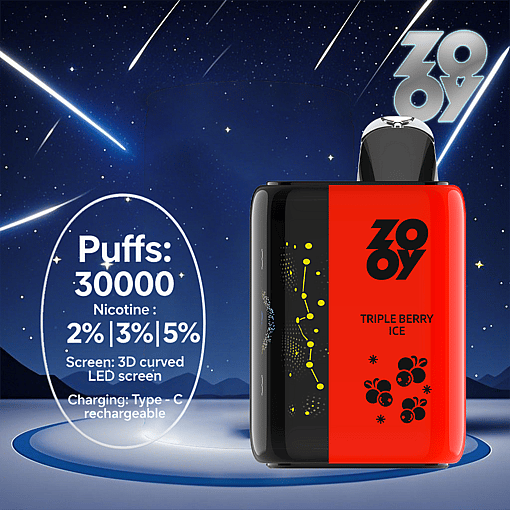 ZOOY Triple Berry Ice vape device with red and black design, displayed against a night sky with shooting stars, key features include 30,000 puffs, nicotine options of 2%, 3%, or 5%, a 3D curved LED screen, and Type-C charging.