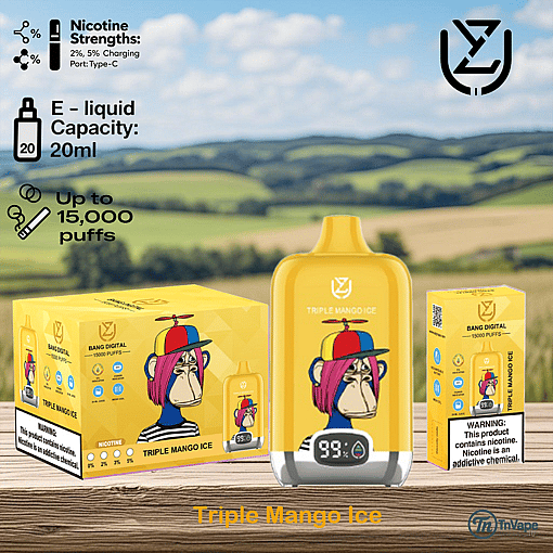 Triple Mango Ice disposable vape device and packaging featuring a cartoon monkey with a propeller hat, set on a wooden surface with fields and hills in the background; key product information includes 15,000 puffs, 20ml e-liquid capacity, 2% and 5% nicotine strengths, and a warning about nicotine content.