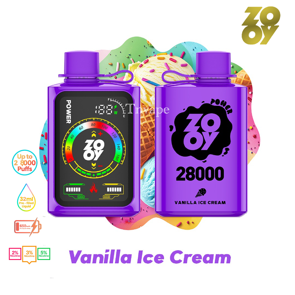 Colorful promotional image of ZOOV 28000 disposable vape in vanilla ice cream flavor, featuring two purple devices with vibrant ice cream graphics and product details, including puff count, liquid volume, and nicotine strengths.