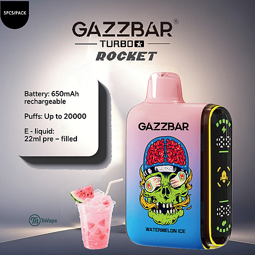 Gazzbar Turbo Rocket Watermelon Ice disposable vape device with a colorful skull illustration, product specifications listed, and a glass of pink watermelon drink with ice and fruit pieces in the foreground.