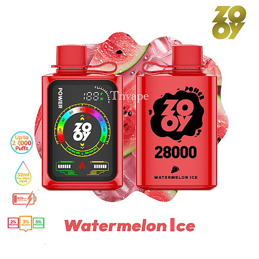 Two red ZOOY vape devices with a digital display and branding, set against a background of watermelon slices and ice, advertising the Watermelon Ice flavor with up to 28,000 puffs and various nicotine strengths.