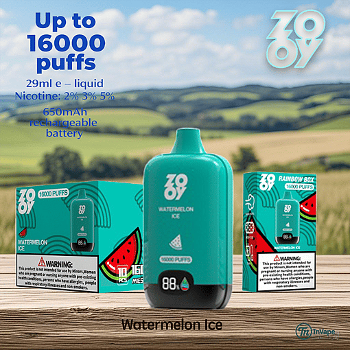 Three turquoise Zovoy Watermelon Ice vape boxes and a matching vape device are displayed on a wooden surface against a scenic countryside background, highlighting features like up to 16,000 puffs, 29ml e-liquid, variable nicotine options, and a rechargeable 650mAh battery.