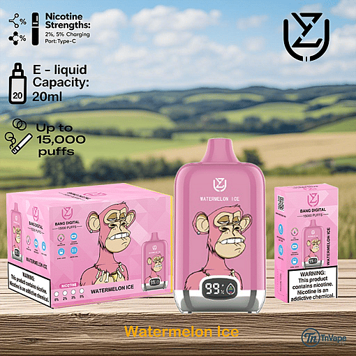 Watermelon Ice disposable vape device and packaging featuring a cartoon ape illustration, displayed on a wooden surface with a countryside landscape in the background, highlighting specifications such as 15,000 puffs, 20ml e-liquid capacity, and nicotine strengths of 2% and 5%.