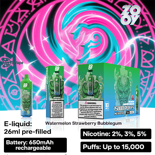 Promotional image for ZOOVY Watermelon Strawberry Bubblegum disposable vape featuring the product, packaging, and details such as 26ml pre-filled e-liquid, 650mAh rechargeable battery, mesh coil, nicotine strengths (2%, 3%, 5%), and up to 15,000 puffs against a colorful, stylized background.