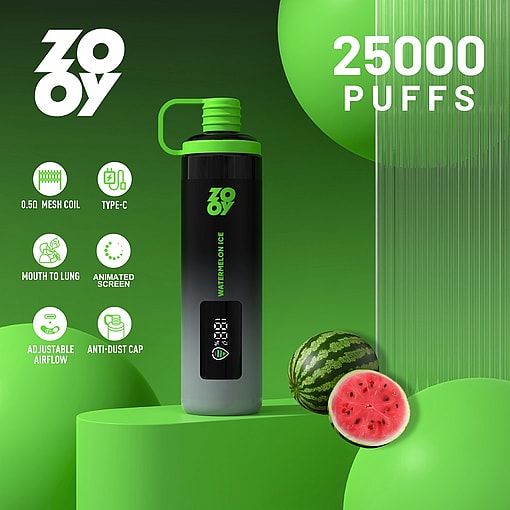 Promotional image for Zooy Watermelon Ice vape with a green and black vape device in the center, surrounded by green spheres, a watermelon, vape features icons, and large text reading '25000 PUFFS'.