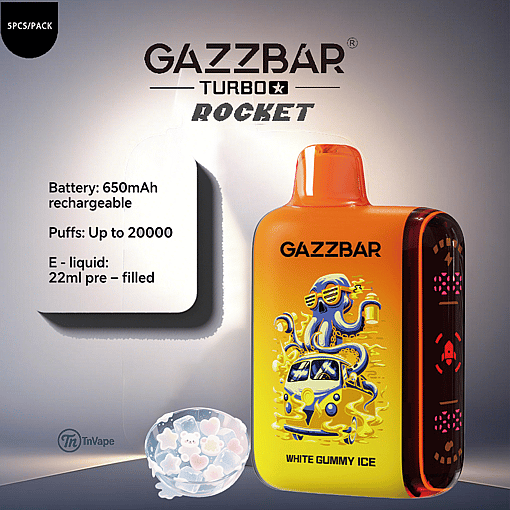GAZZBAR Turbo Rocket vape device in orange and black with a cartoon octopus driving a yellow van, labeled 'White Gummy Ice'; product features listed include a 650mAh rechargeable battery, up to 20,000 puffs, and 22ml pre-filled e-liquid.