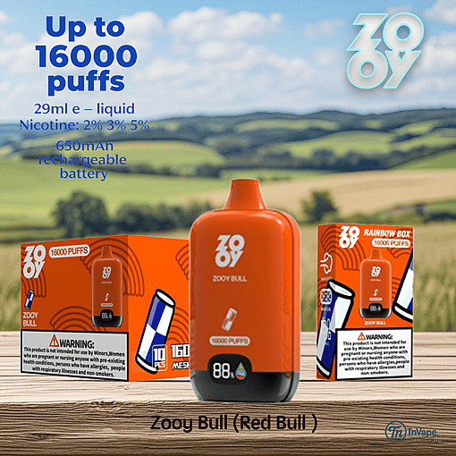 Orange Zooy Bull (Red Bull flavor) disposable vape device with packaging featuring product details and warnings, set on a wooden surface with a blurred countryside background.