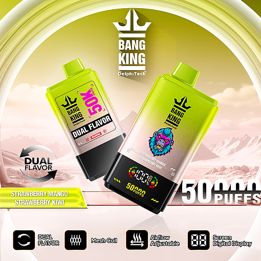Advertisement for Bang King DelphTech dual flavor vape devices featuring strawberry mango and strawberry kiwi flavors, highlighting 50,000 puffs, adjustable airflow, mesh coil, and a digital display, with a vibrant background and product images.
