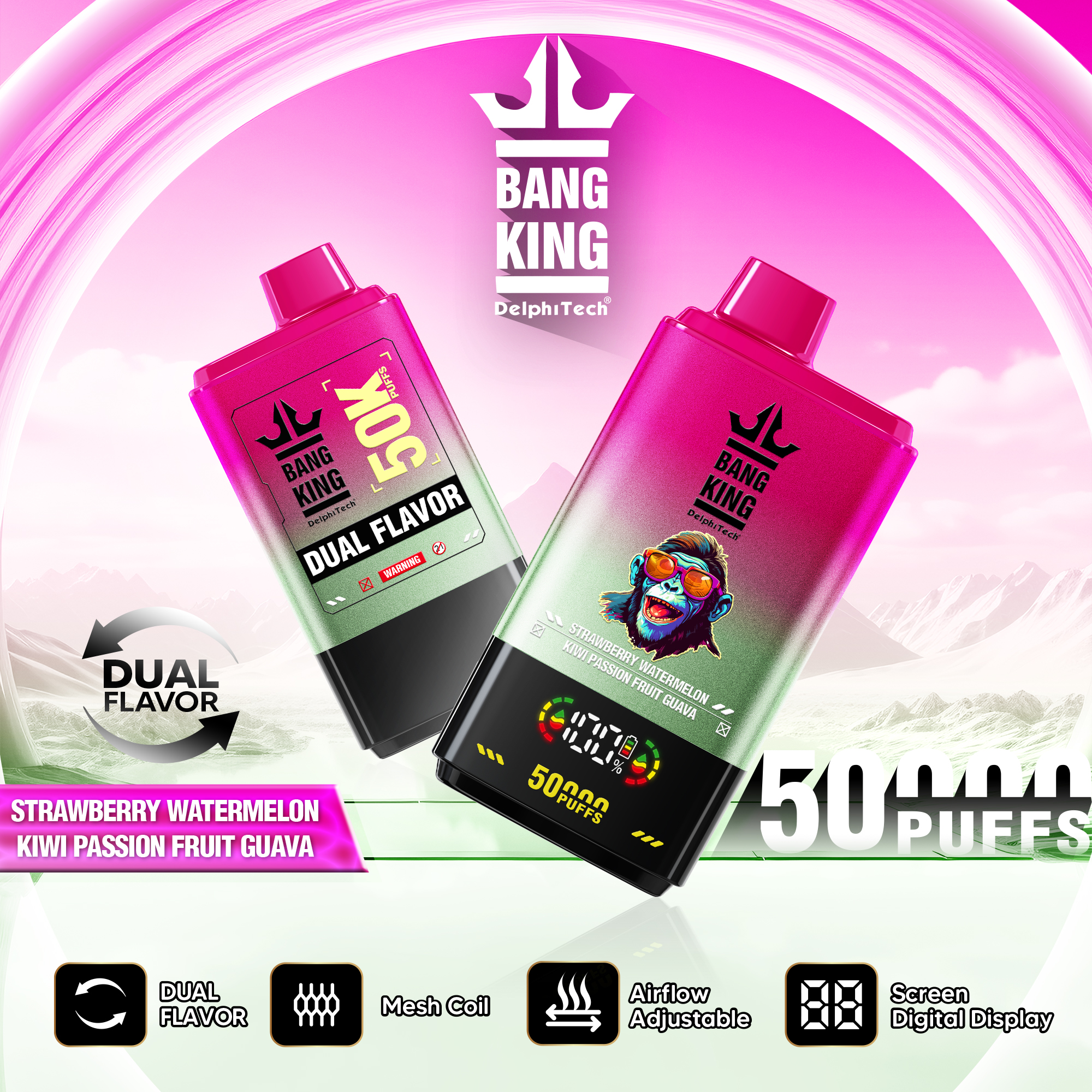 Promotional image for Bang King DelphTech dual-flavor disposable vape featuring two colorful vape devices with strawberry watermelon and kiwi passion fruit guava flavors, highlighting 50,000 puffs, adjustable airflow, mesh coil, and a digital display, set against a vibrant pink and green background with product icons.