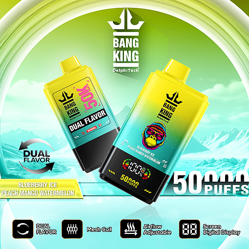 Promotional image for Bang King vape featuring two colorful dual flavor devices labeled Blueberry Ice and Peach Mango Watermelon, highlighting features like 50,000 puffs, mesh coil, adjustable airflow, and a digital screen, set against an icy mountain background.