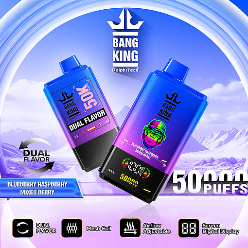 Two Bang King vape devices with blue and purple gradient design, displaying product features like dual flavor (blueberry raspberry and mixed berry), mesh coil, adjustable airflow, and digital screen, set against a snowy mountain background with text emphasizing 50,000 puffs.