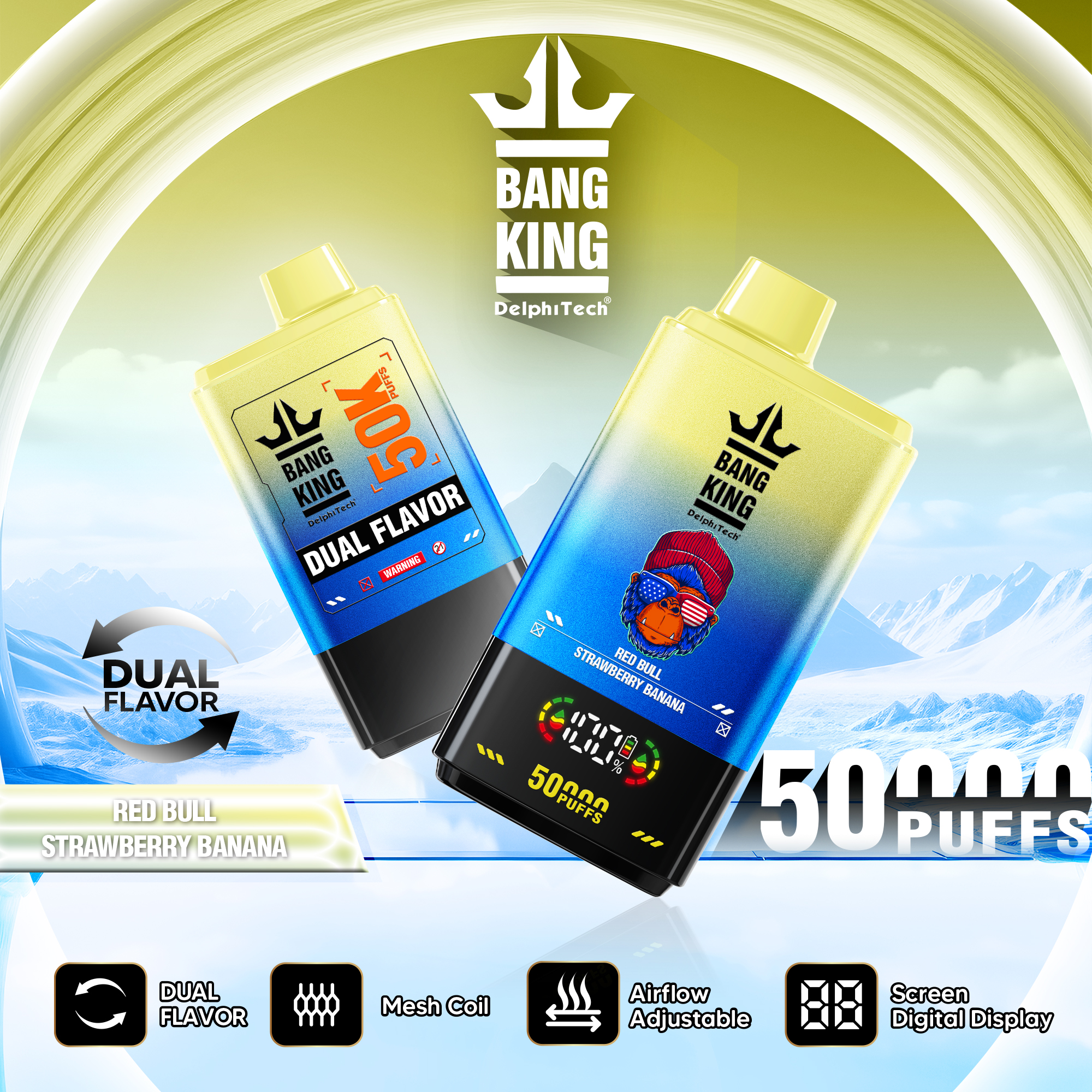 Bang King DelphTech dual flavor disposable vape devices, featuring Red Bull and Strawberry Banana flavors, mesh coil, adjustable airflow, digital screen display, and 50,000 puff capacity, displayed against a snowy mountain background with product features highlighted.