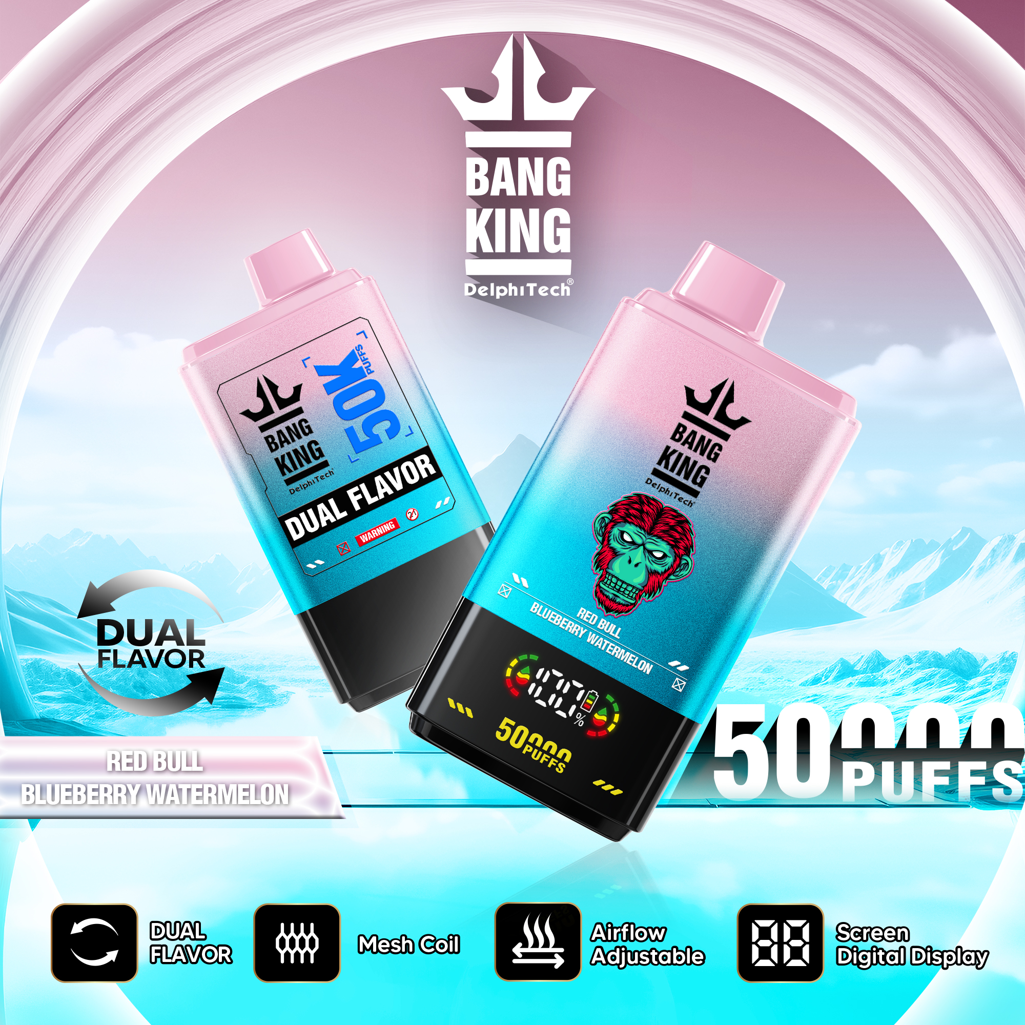 Advertisement for Bang King DelphiTech dual flavor disposable vape devices featuring Red Bull and Blueberry Watermelon flavors, highlighting 50,000 puffs, mesh coil, adjustable airflow, and a digital display, against an icy mountain background.