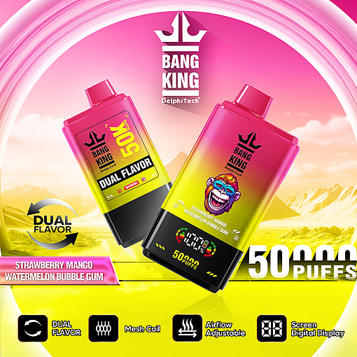 Two brightly colored Bang King vape devices featuring dual flavors, strawberry mango and watermelon bubble gum, shown with product features like mesh coil, airflow adjustment, and a digital display, set against a vivid pink and yellow landscape background.