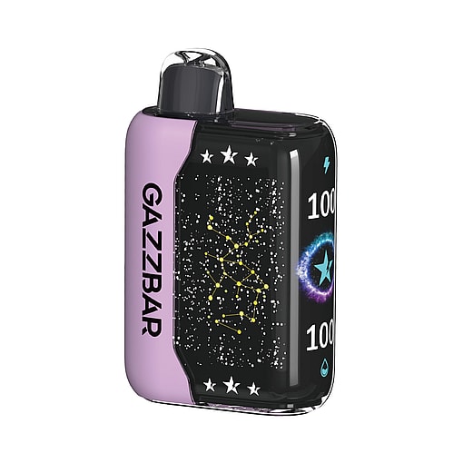 Compact electronic vape device labeled 'GAZZBAR' with a cosmic design, star constellation graphic, and battery and droplet icons on its black and purple exterior.