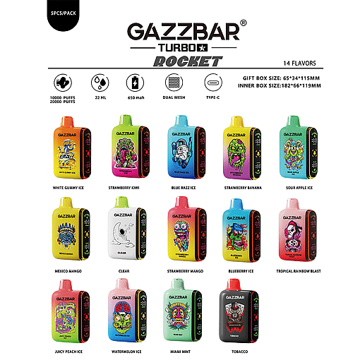 Product lineup of GAZZBAR Turbo Rocket disposable vapes displayed in various colorful designs and flavors, including White Gummy Ice, Strawberry Kiwi, Blue Razz Ice, Strawberry Banana, Sour Apple Ice, Mexico Mango, Clear, Strawberry Mango, Blueberry Ice, Tropical Rainbow Blast, Juicy Peach Ice, Watermelon Ice, Miami Mint, and Tobacco.