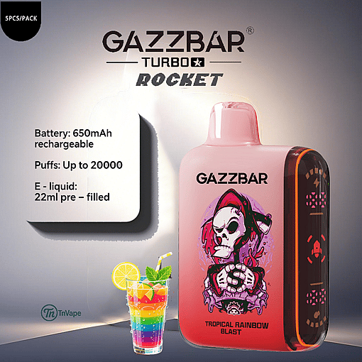 Gazzbar Turbo Rocket vape device in pink with a grim reaper illustration labeled 'Tropical Rainbow Blast,' next to a colorful layered drink and product specifications including a 650mAh rechargeable battery, up to 20,000 puffs, and 22ml pre-filled e-liquid.