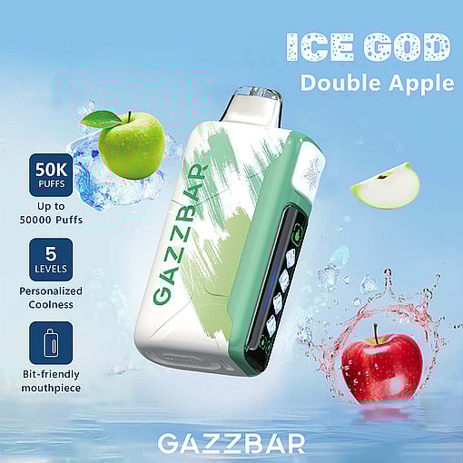 Promotional image for Gazzbar Ice God Double Apple vape device, featuring green and red apples with ice and water splash effects, and highlighting features like 50,000 puffs, five coolness levels, and a bit-friendly mouthpiece.