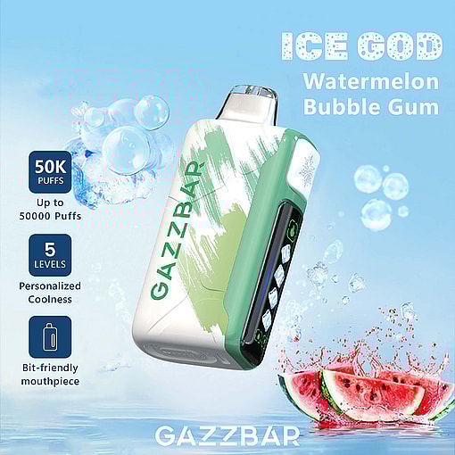 Promotional image for Gazzbar Ice God Watermelon Bubble Gum vape, featuring the device, water splashes, watermelon slices, and product features like 50,000 puffs and 5 cooling levels.
