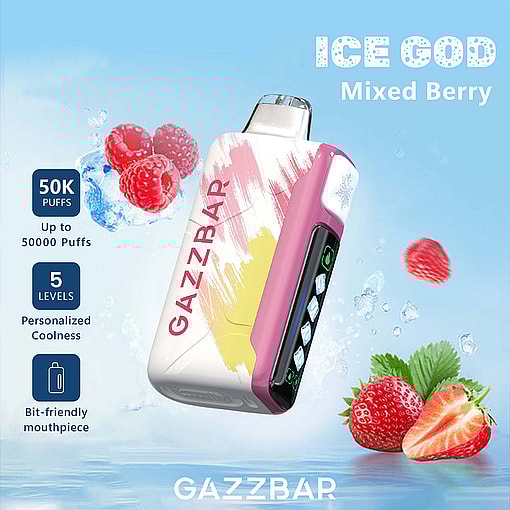 Colorful vape device labeled 'GAZZBAR' with digital screen, surrounded by ice, raspberries, and strawberries, promoting 'Ice God Mixed Berry' flavor and features like 50,000 puffs and five cooling levels.