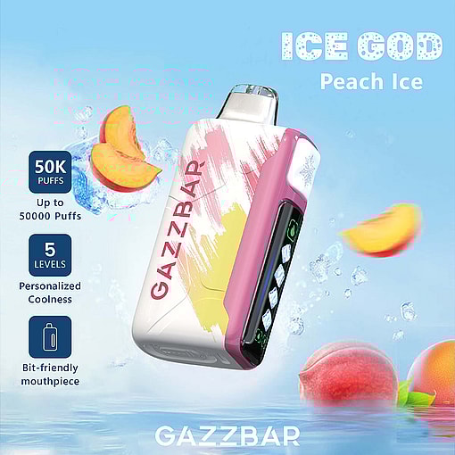 Gazzbar ICE GOD Peach Ice disposable vape device with a colorful design, digital display, and peaches, ice, and water splashes in the background, highlighting features like 50,000 puffs, 5 coolness levels, and a bit-friendly mouthpiece.