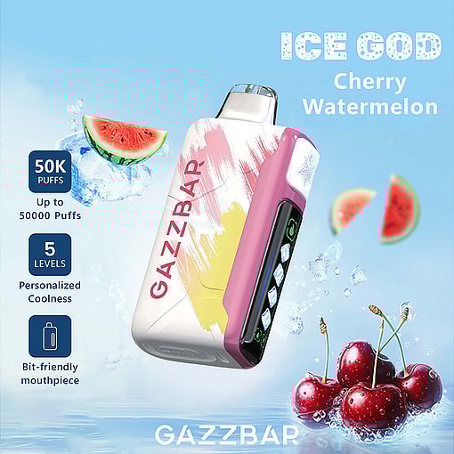 Gazzbar ICE GOD Cherry Watermelon vape device with digital display, surrounded by ice cubes, watermelon slices, and cherries, highlighting features like 50,000 puffs, five coolness levels, and a unique mouthpiece.