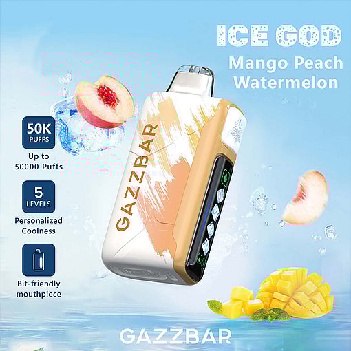 Gazzbar ICE GOD disposable vape device with a brushstroke design, floating among images of peach and mango slices, ice cubes, and text highlighting mango, peach, and watermelon flavors, 50,000 puffs, personalized coolness, and bit-friendly mouthpiece.