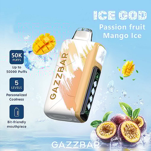 GAZZBAR Ice God vape device with mango ice and passion fruit flavor imagery, surrounded by ice cubes, fruit slices, and product feature highlights including 50,000 puffs, five cooling levels, and a bit-friendly mouthpiece.