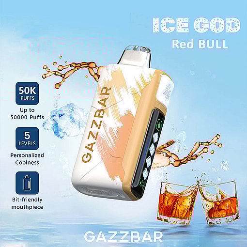 Promotional image for Gazzbar Ice God Red Bull flavored vape, showing the device with paint streak design, features like 50,000 puffs and 5 cooling levels, and two glasses splashing with an amber drink and ice.