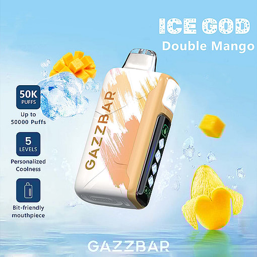Promotional image for Gazzbar Ice God Double Mango vape, featuring a stylized vape device, ice cubes, mango chunks, and highlighted features such as 50,000 puffs, personalized coolness, and a comfortable mouthpiece.