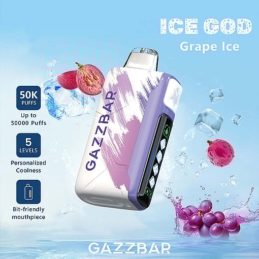 Promotional image for GAZZBAR Ice God Grape Ice vape, featuring a stylish disposable vape device, ice cubes, grapes, and text highlighting 50,000 puffs, 5 coolness levels, and a bit-friendly mouthpiece.