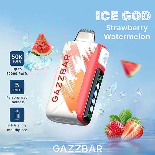GAZZBAR Ice God Strawberry Watermelon vape device with digital display, surrounded by ice, watermelon slices, and strawberries, highlighting 50,000 puffs and customizable coolness features.