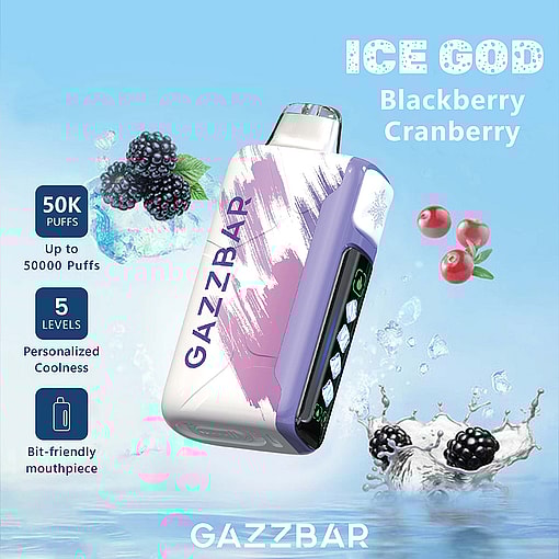 Promotional image for Gazzbar Ice God disposable vape featuring blackberry and cranberry flavors, showcasing a white and purple device with digital display, fruit images, ice, and text highlighting 50,000 puffs, five cooling levels, and a bit-friendly mouthpiece.