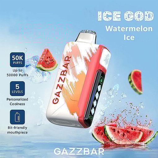 Gazzbar Ice God Watermelon Ice vape device with digital display, surrounded by watermelon slices and ice, highlighting features such as 50,000 puffs, five cooling levels, and a bit-friendly mouthpiece.