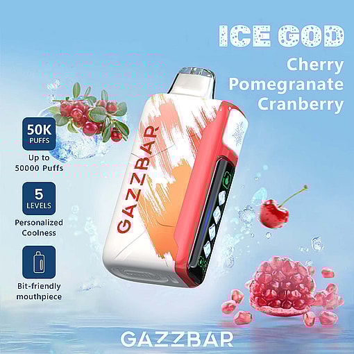 Gazzbar Ice God disposable vape device with red and white design, featuring cherry, pomegranate, and cranberry flavors, highlighting features such as 50,000 puffs, five coolness levels, and a bit-friendly mouthpiece with background images of the fruits and ice.