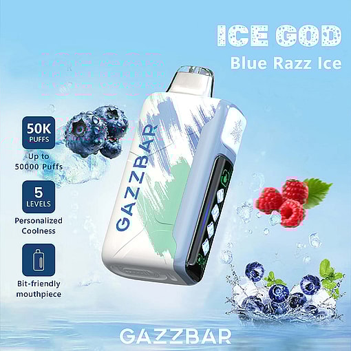 GAZZBAR Ice God Blue Razz Ice disposable vape device with digital controls, surrounded by illustrations of blueberries, raspberries, water splashes, and product features such as 50,000 puffs and adjustable coolness levels.