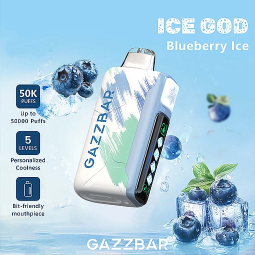 GazzBar Ice God Blueberry Ice vape device surrounded by blueberries and ice cubes, highlighting features like 50,000 puffs, five coolness levels, and a mouthpiece.