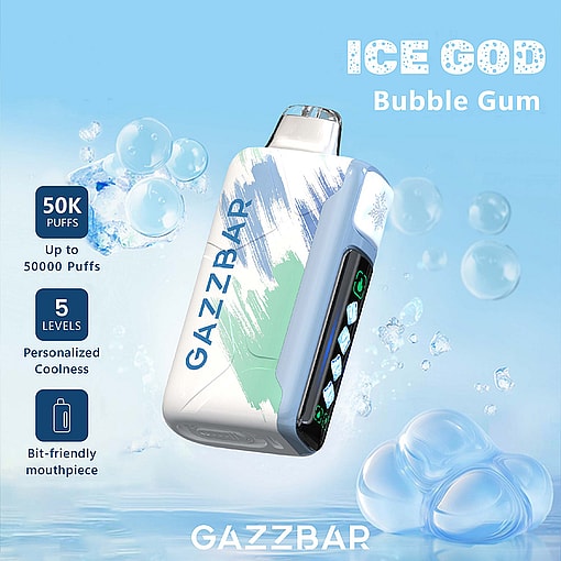 Promotional image for Gazzbar Ice God Bubble Gum vape, showing the device floating among blue bubbles, highlighting features such as 50,000 puffs, five coolness levels, and a bit-friendly mouthpiece.