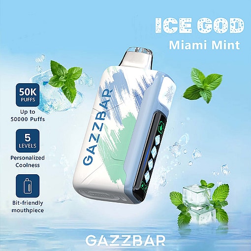 Promotional image for the Gazzbar Ice God Miami Mint disposable vape, featuring a sleek device with digital display, surrounded by ice cubes and mint leaves, highlighting features like 50,000 puffs, five cooling levels, and a comfortable mouthpiece.