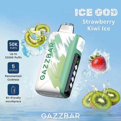 GAZZBAR vape device with green and white design, surrounded by illustrations of ice, strawberries, and kiwi slices, emphasizing strawberry kiwi ice flavor and features like 50,000 puffs and personalized coolness.