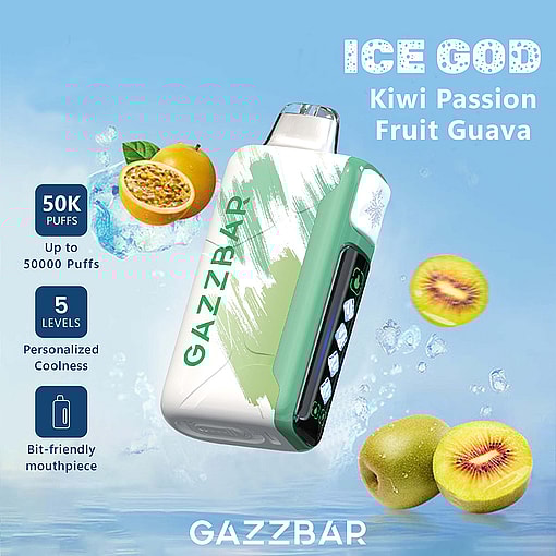 GazzBar Ice God vape device with kiwi, passion fruit, and guava imagery, emphasizing its 50,000 puff capacity, 5 coolness levels, and bit-friendly mouthpiece on a blue background.
