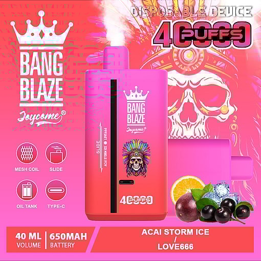 Colorful vape device labeled 'Bang Blaze' with feathered headdress design, surrounded by fruit and ice imagery, and featuring specifications like 4000 puffs, 40 ml volume, and 650mAh battery, against a pink background with a skull illustration.