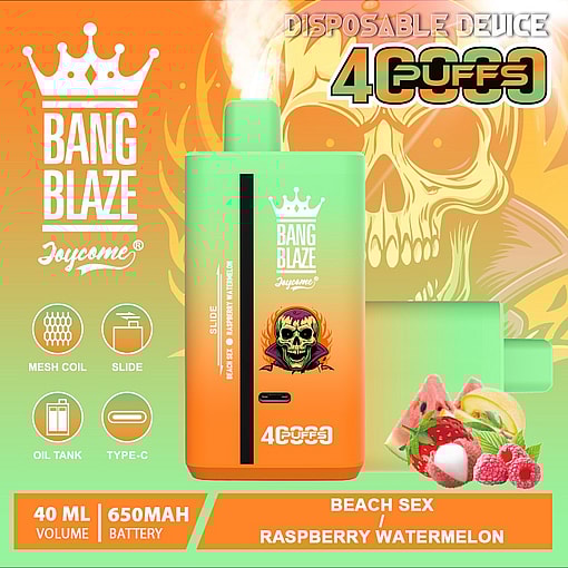 Promotional image of Bang Blaze disposable vape featuring a green and orange vape device labeled with 4000 puffs, mesh coil, 40ml volume, 650mAh battery, and flavors Beach Sex and Raspberry Watermelon, with background skull art and fruit illustrations.