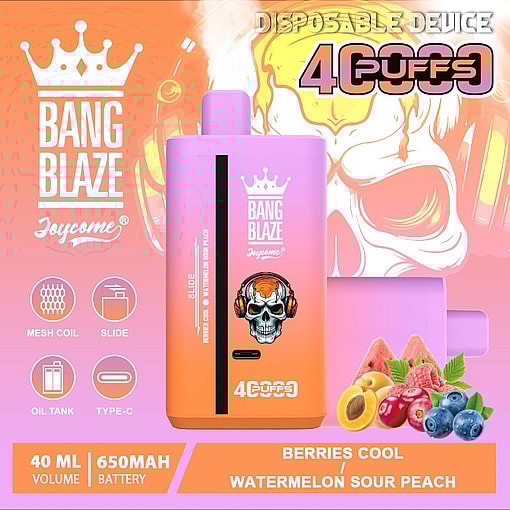 Promotional image of a Bang Blaze Joycome disposable vape in a gradient orange and purple design, featuring a skull with headphones, flavor icons for berries, watermelon, and peach, and highlighted product features such as 4000 puffs, 40ml volume, and 650mAh battery.